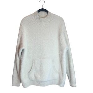 Mer Sea Chalet Ivory Fuzzy Eyelash Knit Mock Neck Sweater Kangaroo Pocket S/M